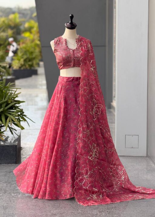 Pink Floral Jimmy Organza Readymade Lehenga with Embroidered Dupatta and Designer Batwa Bag