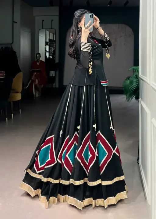 Black Navratri Chaniya Choli with 7 Meter Flair and Fancy Choli for Garba Nights