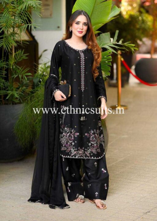 Black Farsi Salwar Suit With Multi Color Flower Embroidery