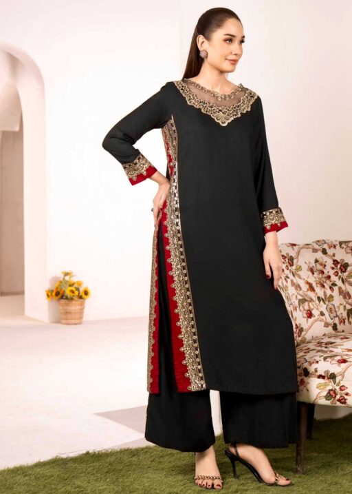 Black Straight Pakistani Suit with Side Embroidery