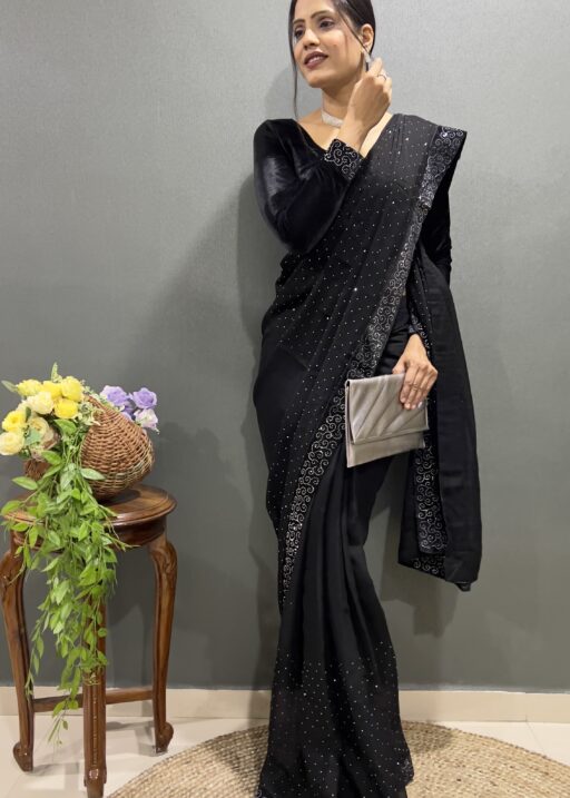 Beautiful Black Ready To Wear Saree With Stitched Blouse For Party Wear