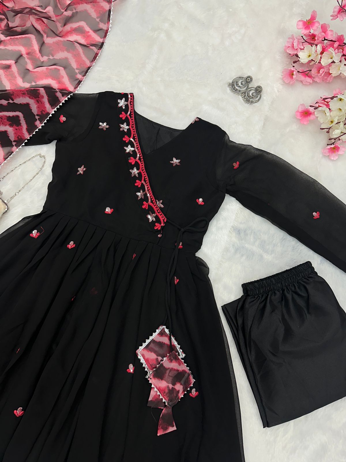 Black Anarkali 3 Piece Suit Set - Image 2