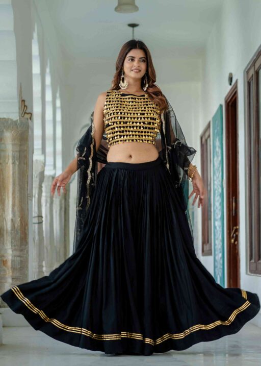 Black Ready To Wear Lehenga Choli with Coin Work Blouse and Golden Border Flair Lehenga