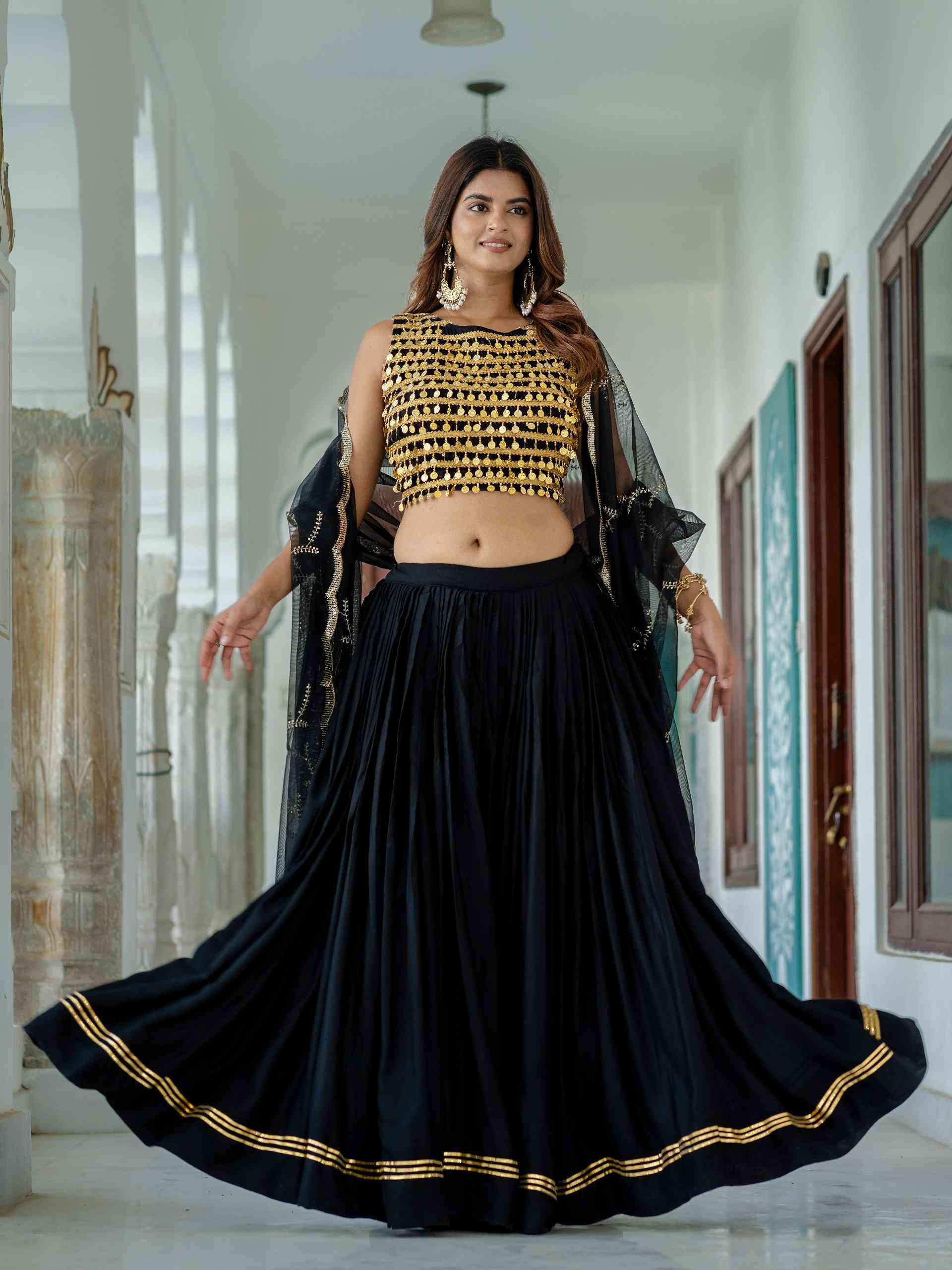 Black Ready To Wear Lehenga Choli with Coin Work Blouse and Golden Border Flair Lehenga