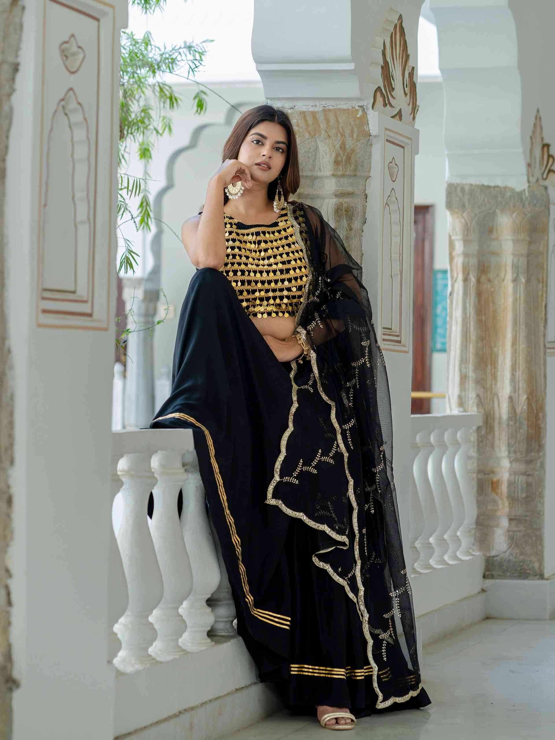 Black Ready To Wear Lehenga with Golden Work Blouse - Image 2