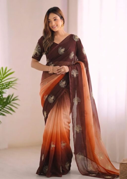 Brown Fendi Silk Saree with Peacock handwork