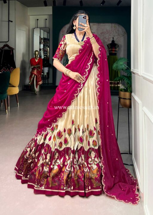 Cream Color Kalamkari Printed Lehenga Blouse