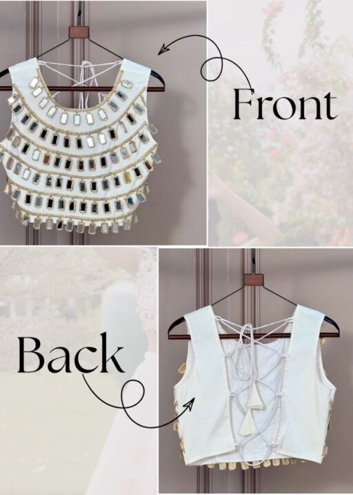 Designer white readymade blouse with real mirror work Pair with sarees and lehenga for navratri