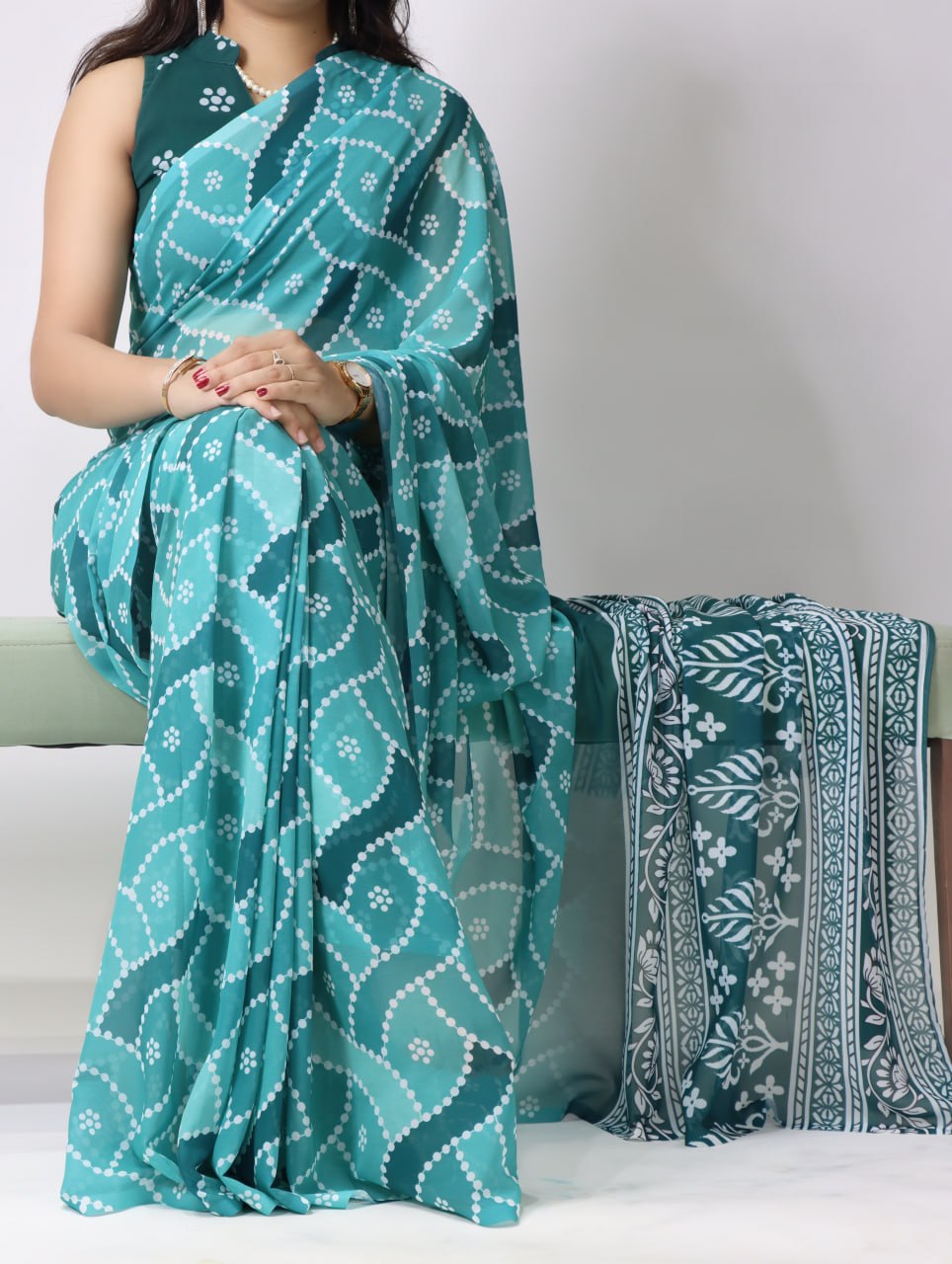 Firozi Color Light Weight Bandhni Printed Saree