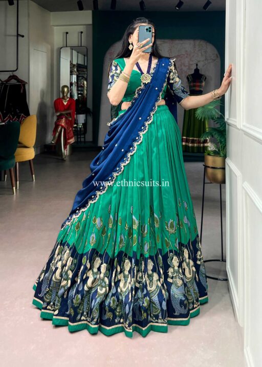 Green Color Kalamkari Printed Lehenga Blouse