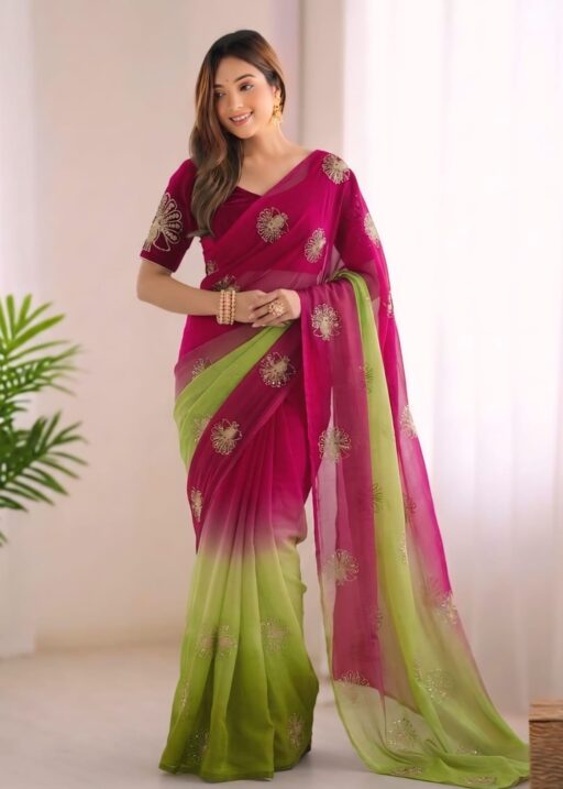 Green and Pink Color Fendi Silk Handwork Saree