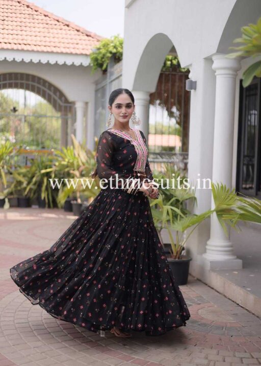 Laheriya Printed Kutch work Gown Black Color (18)