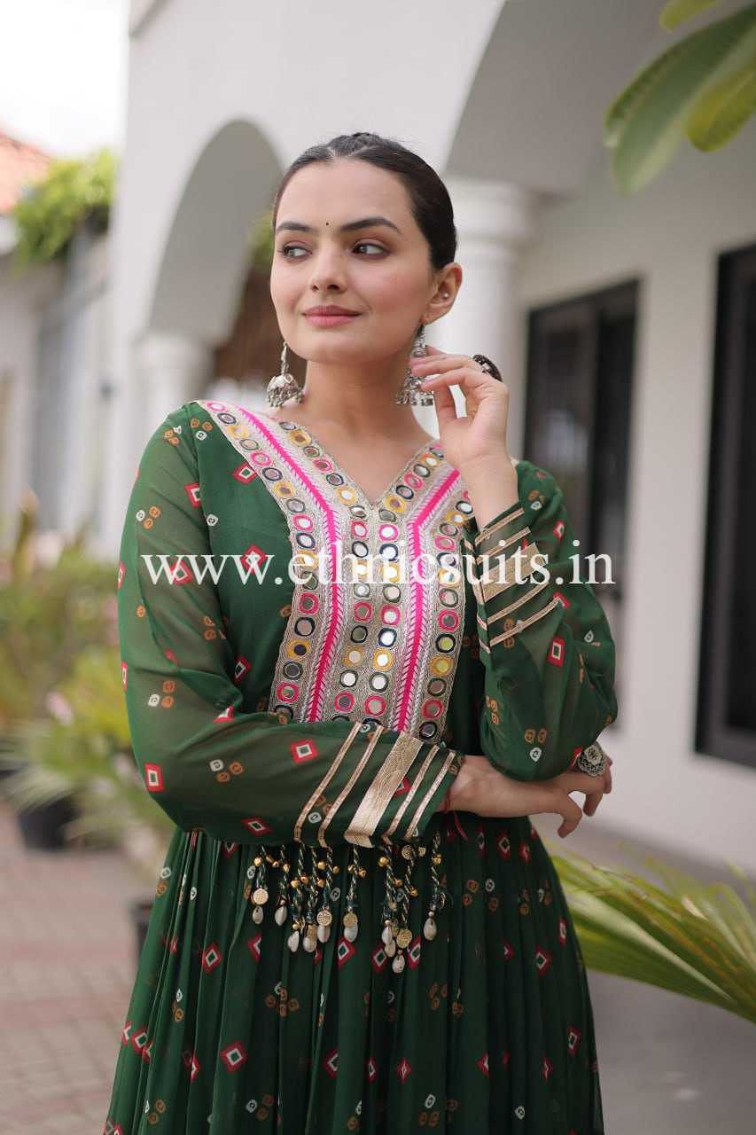 Laheriya Printed Kutch work Gown Green Color - Image 4