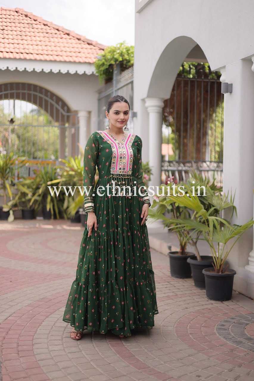 Laheriya Printed Kutch work Gown Green Color - Image 6