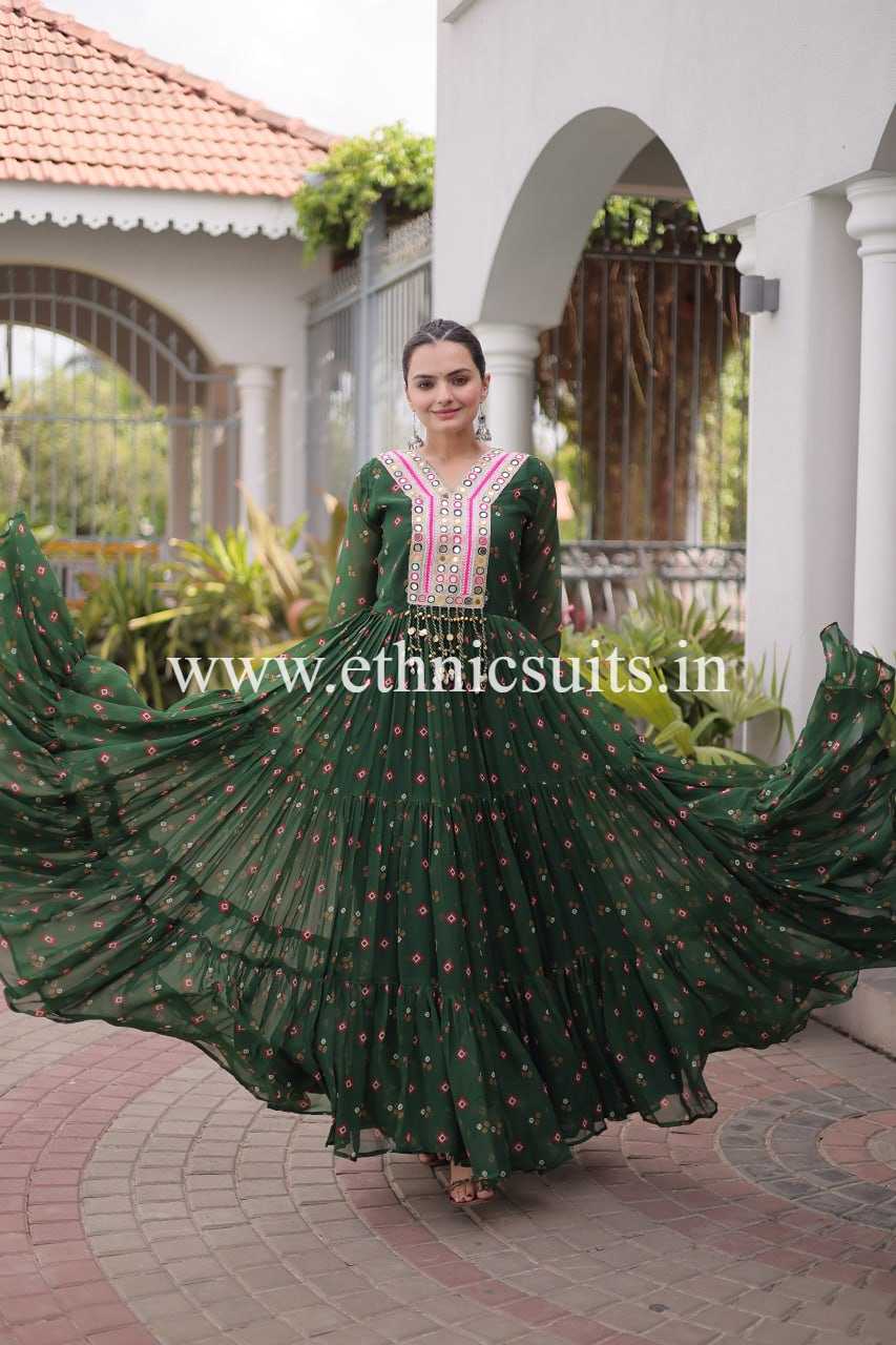 Laheriya Printed Kutch work Gown Green Color - Image 2