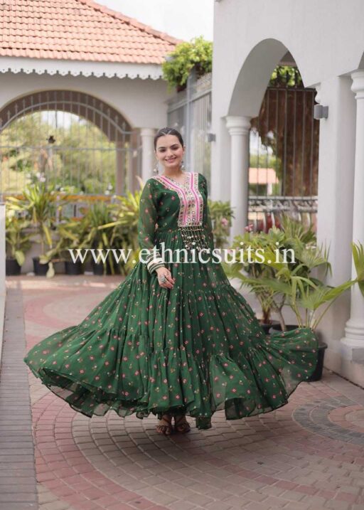 Laheriya Printed Kutch work Gown Green Color