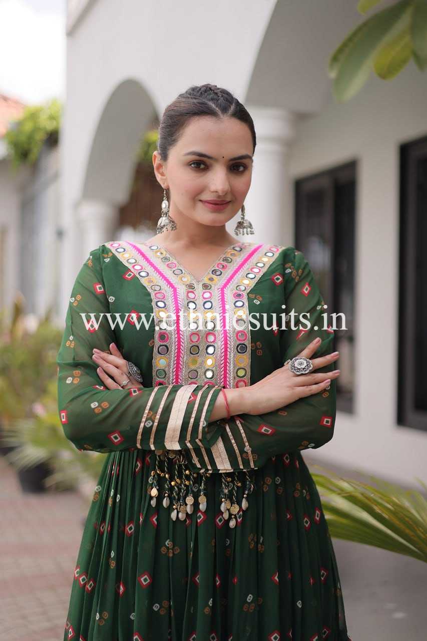Laheriya Printed Kutch work Gown Green Color - Image 3