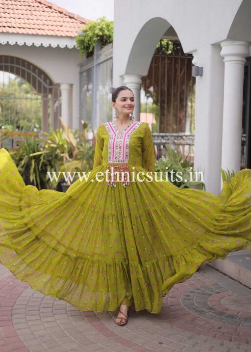 Laheriya Printed Kutch work Gown Mint Green Color
