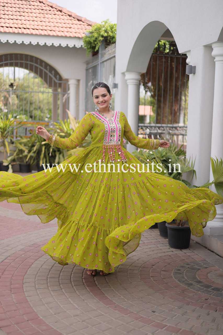 Laheriya Printed Kutch work Gown Mint Green Color - Image 2