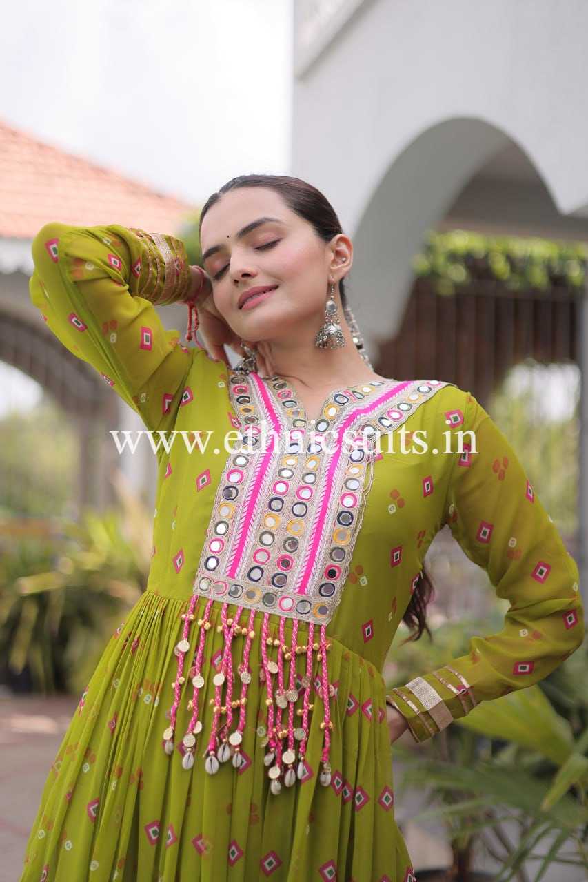 Laheriya Printed Kutch work Gown Mint Green Color - Image 3