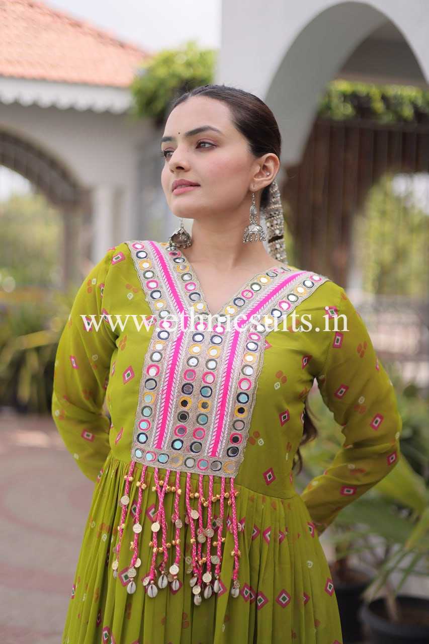Laheriya Printed Kutch work Gown Mint Green Color - Image 4