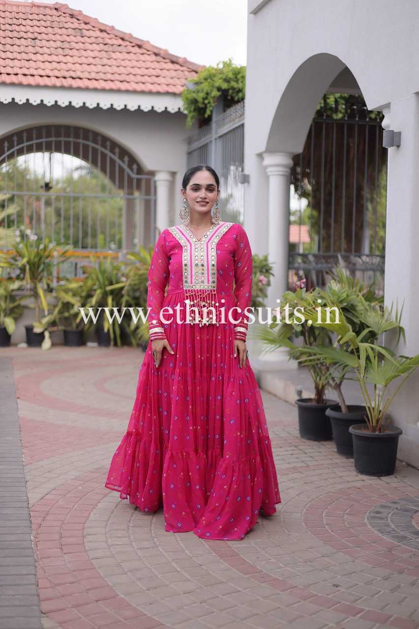 Laheriya Printed Kutch work Gown Pink Color - Image 2