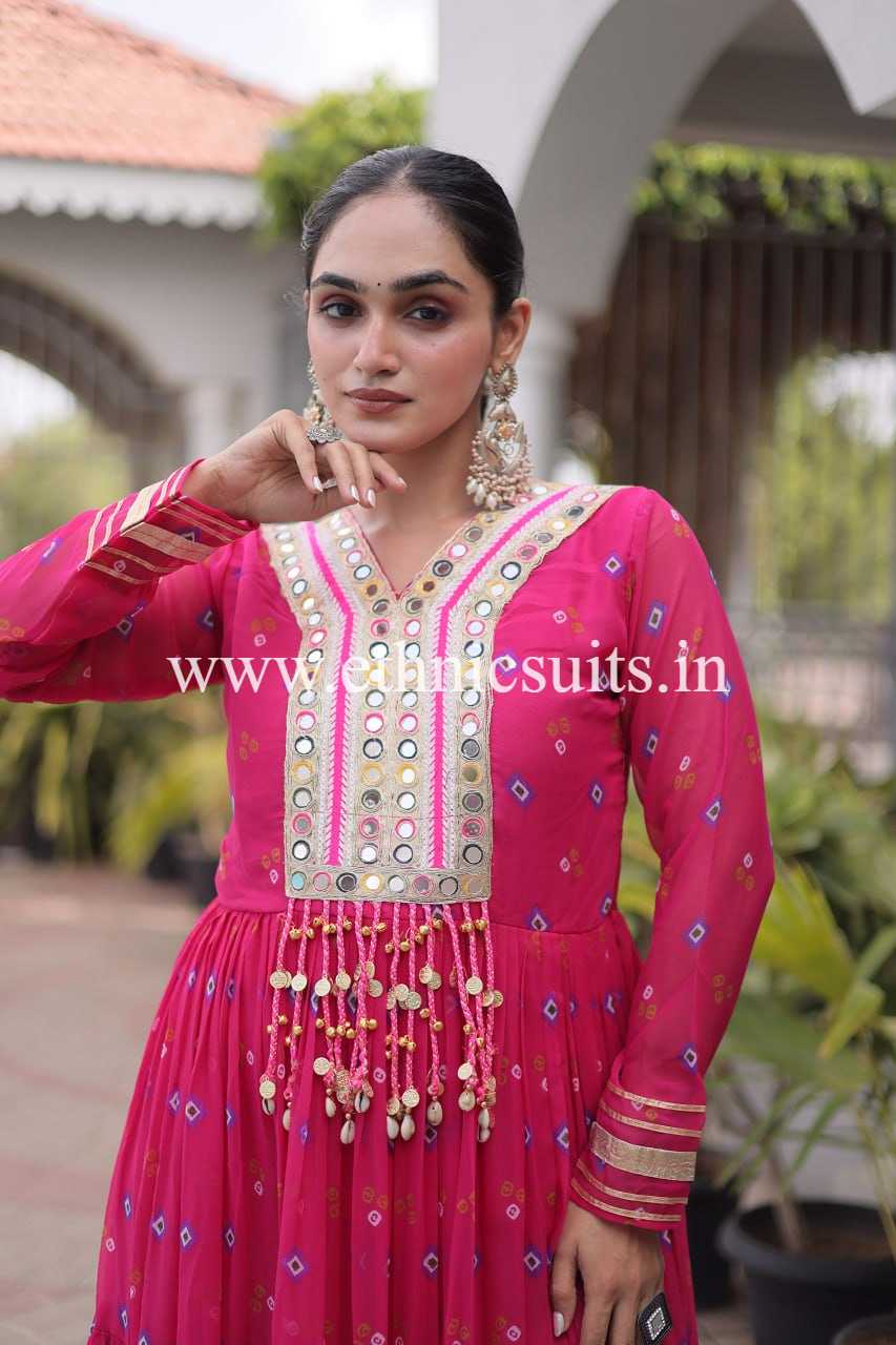Laheriya Printed Kutch work Gown Pink Color - Image 6