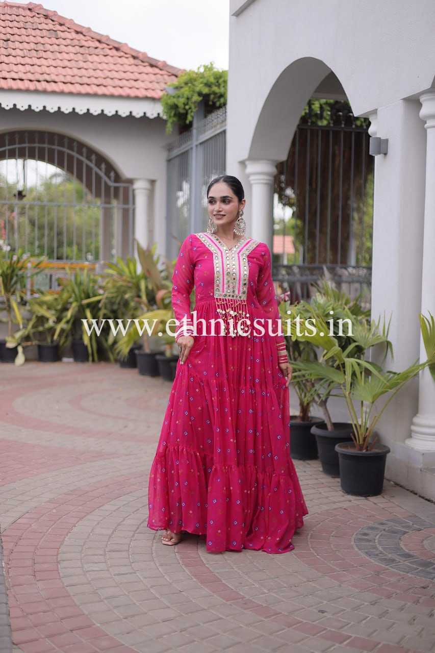 Laheriya Printed Kutch work Gown Pink Color - Image 3
