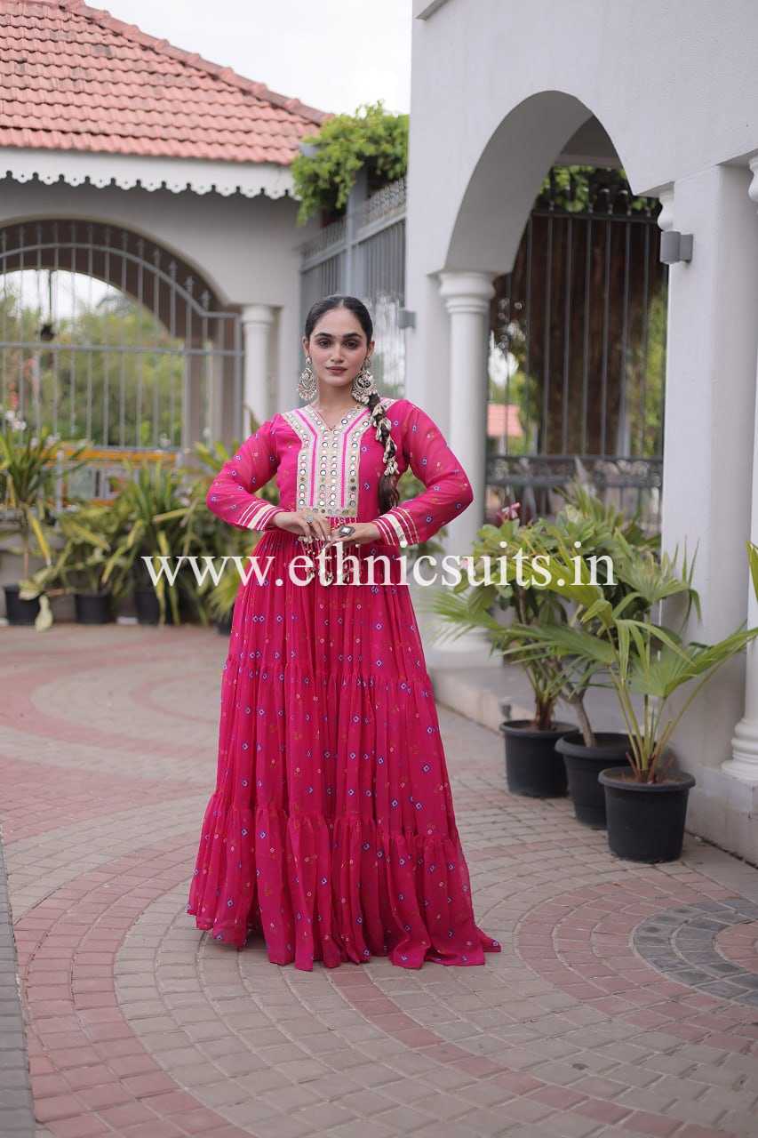 Laheriya Printed Kutch work Gown Pink Color - Image 4
