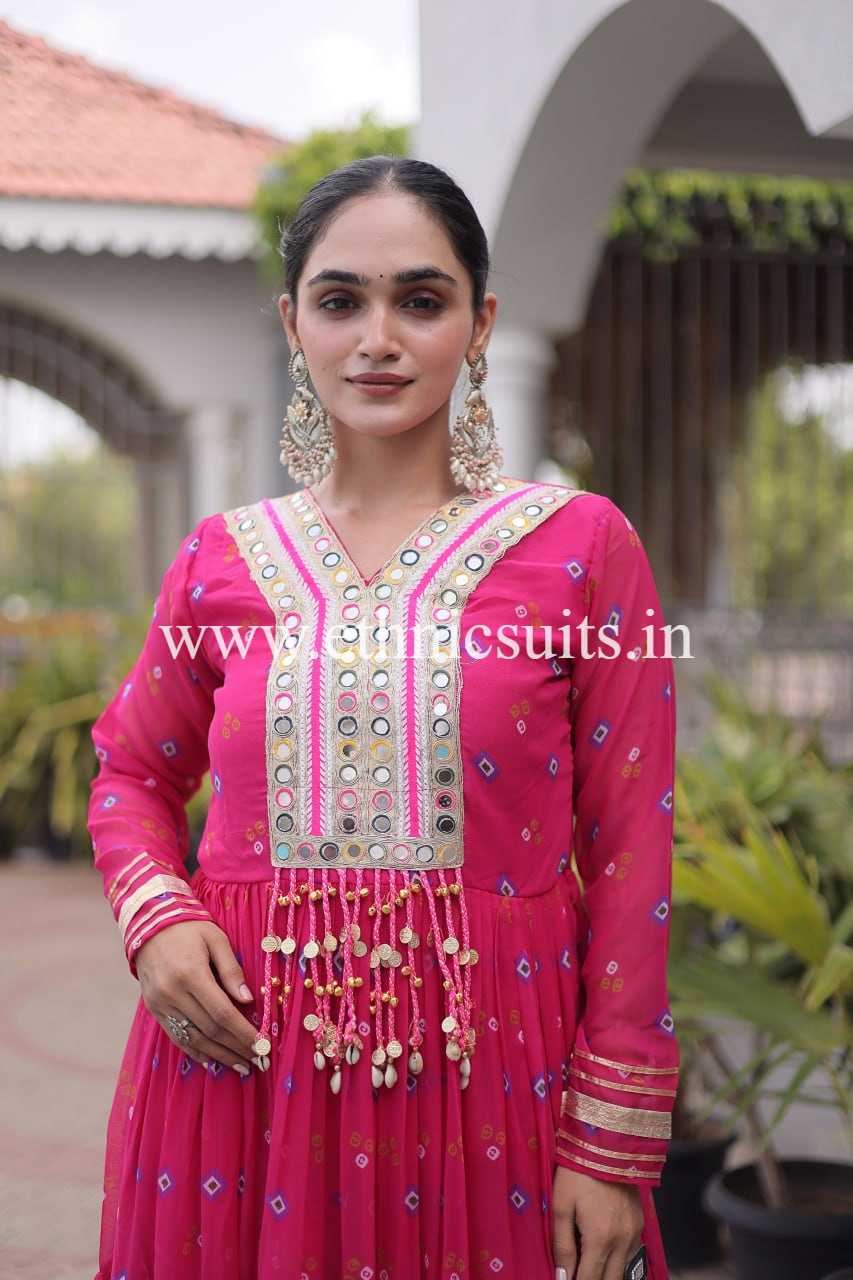 Laheriya Printed Kutch work Gown Pink Color - Image 5