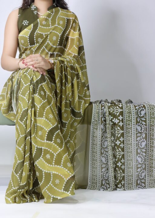 Mehendi Color Light Weight Bandhni Printed Saree