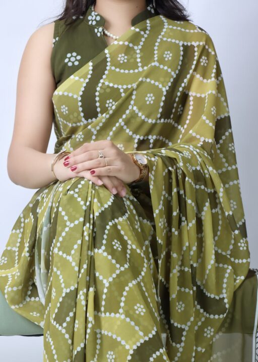 Mehendi Color Light Weight Bandhni Printed Saree