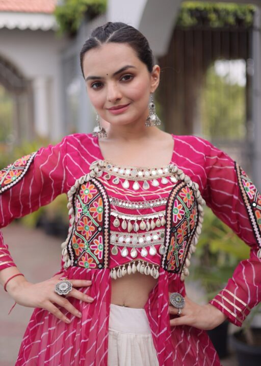 Kutchi work long kurti with chaniya