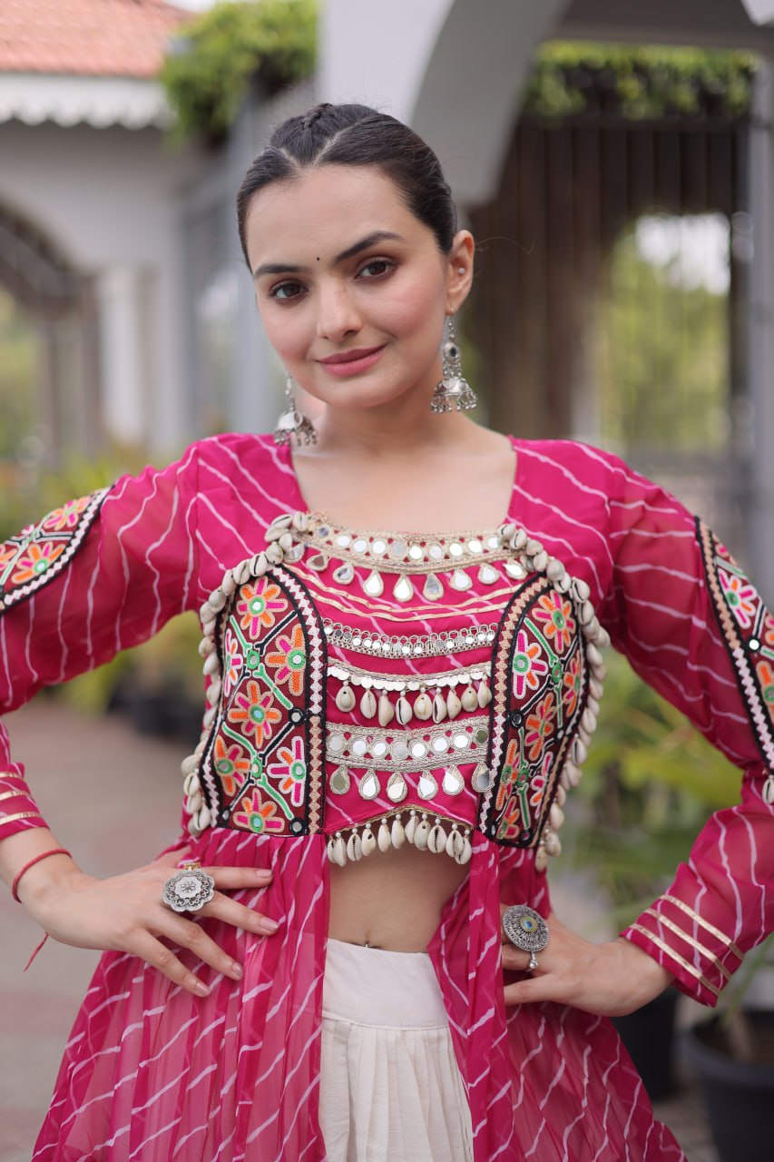 Kutchi work long kurti with chaniya