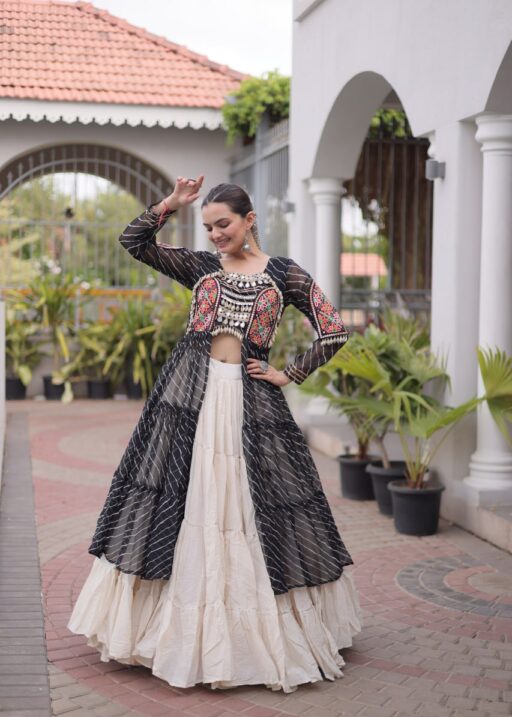 Black Bandhni Printed Kutchi Work Kurti