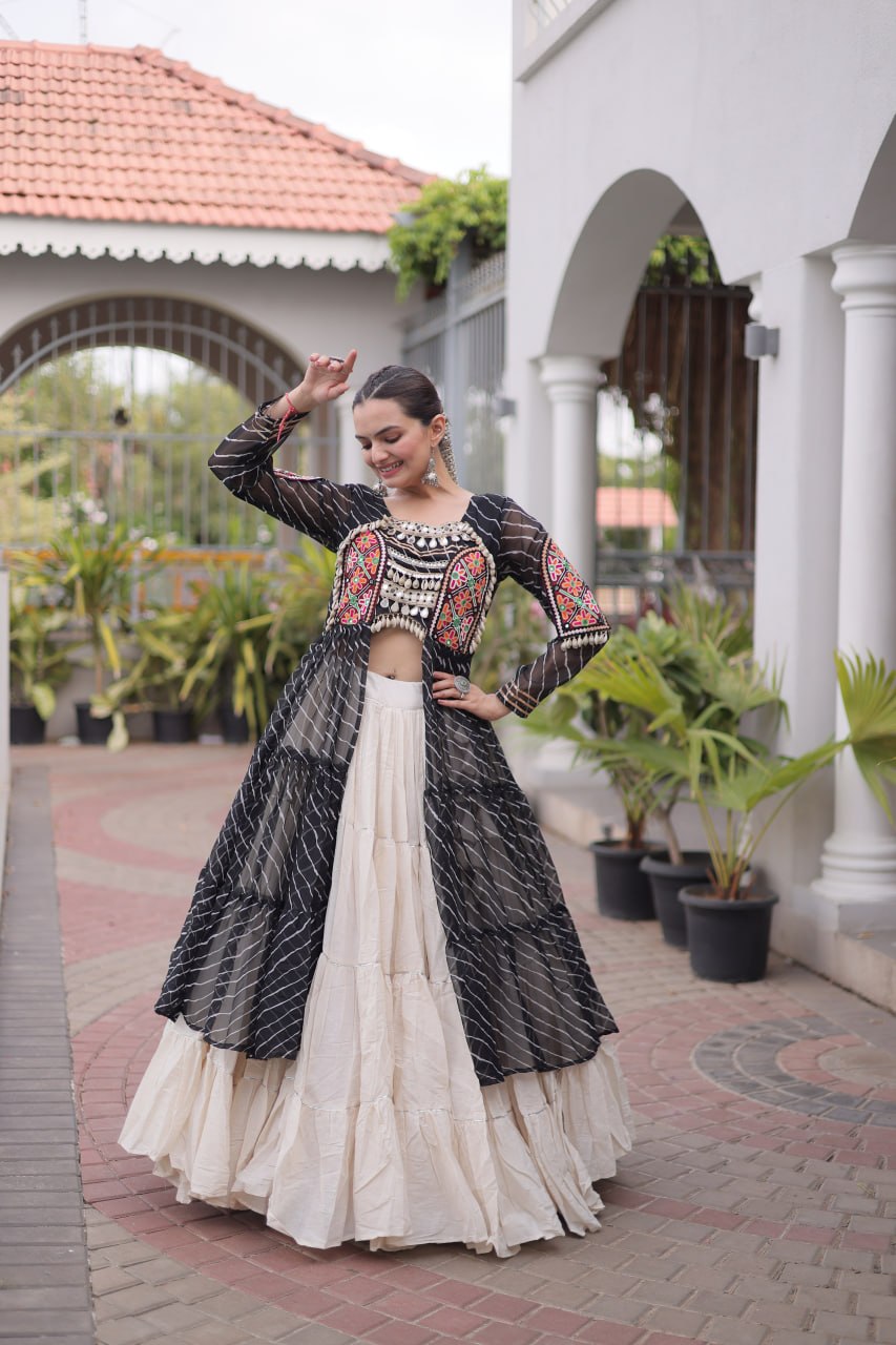 Black Bandhni Printed Kutchi Work Kurti