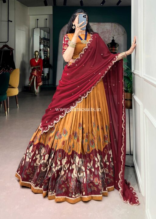 Orange Color Kalamkari Printed Lehenga Blouse