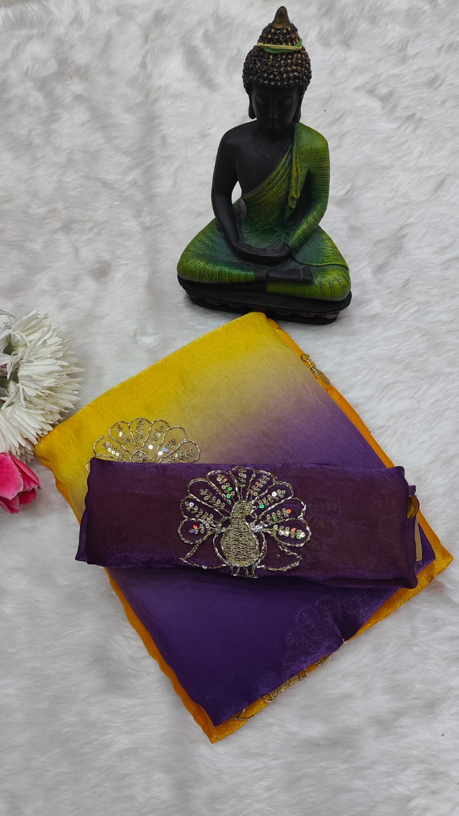 Orange and Purple Color Fendi Silk Saree - Image 2