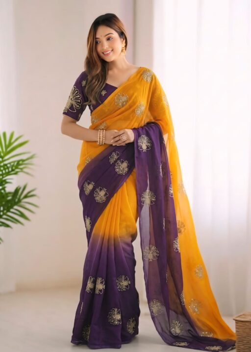 Orange and Purple Color Fendi Silk Saree