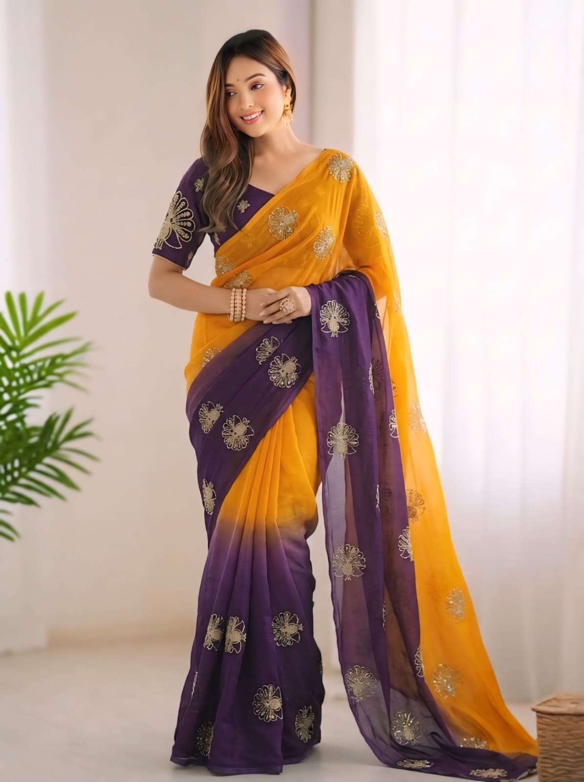 Orange and Purple Color Fendi Silk Saree