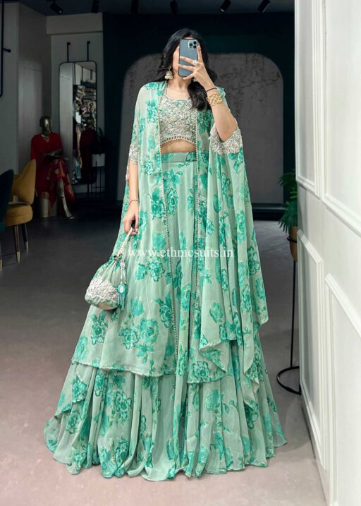 Pastel Green Floral Lehenga Choli with Cape Dupatta