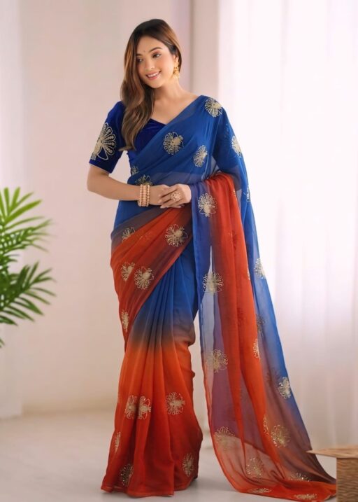 Peacock Embroidery Cut Dana work Saree