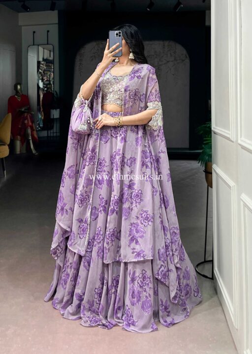 Purple Color Floral Lehenga Choli with Cape Dupatta
