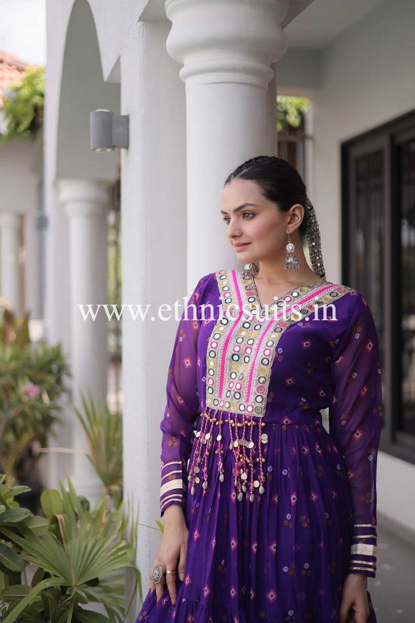 Purple Color Laheriya Printed Kutchi work Gown for Navratri - Image 5
