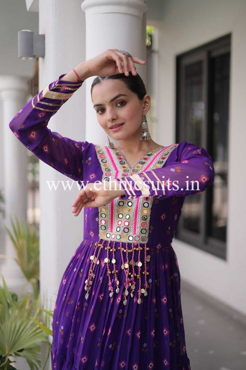 Purple Color Laheriya Printed Kutchi work Gown for Navratri - Image 6