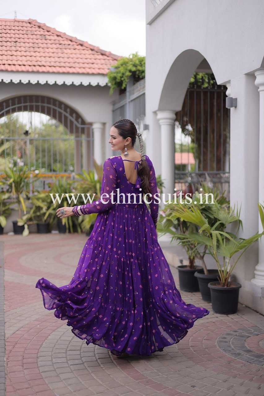 Purple Color Laheriya Printed Kutchi work Gown for Navratri - Image 2