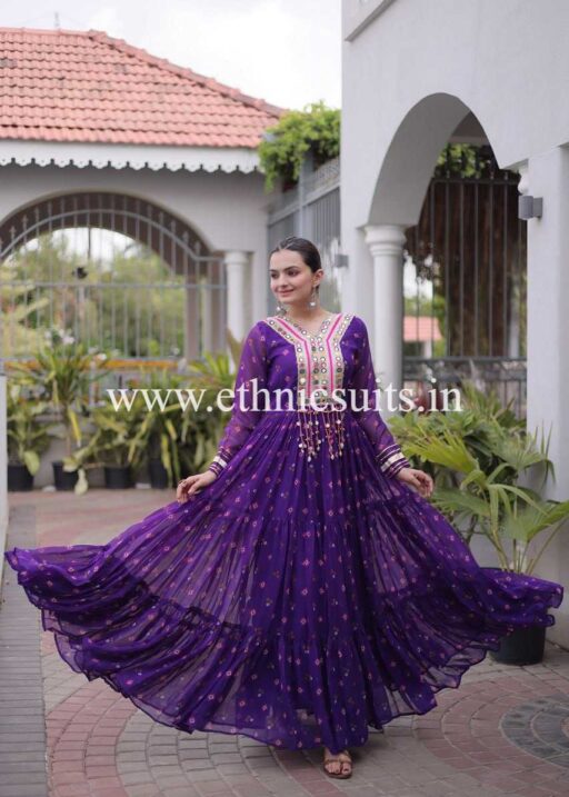 Purple Color Laheriya Printed Kutchi work Gown for Navratri