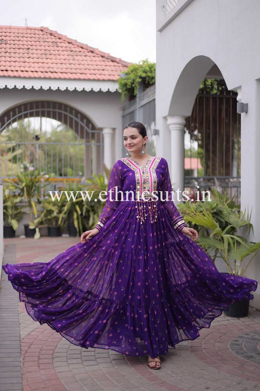 Purple Color Laheriya Printed Kutchi work Gown for Navratri