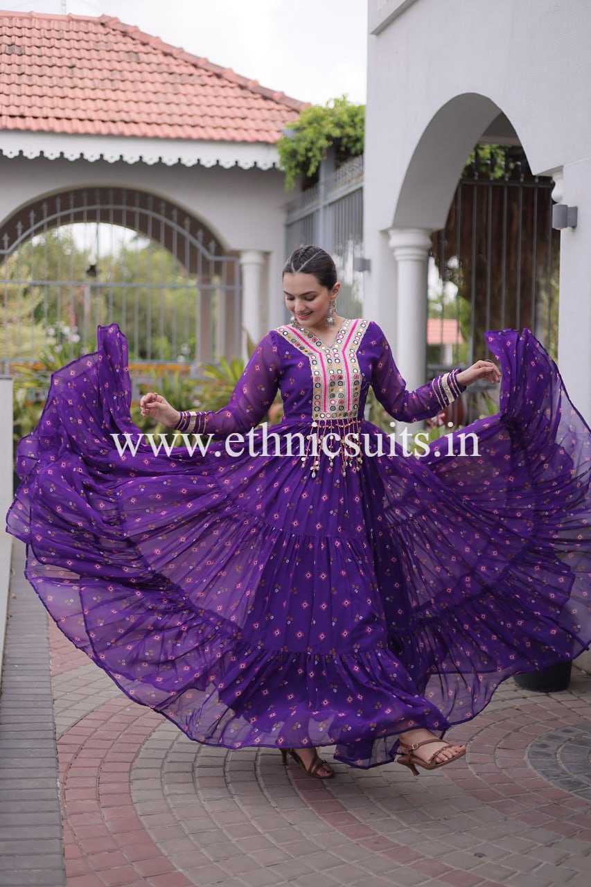 Purple Color Laheriya Printed Kutchi work Gown for Navratri - Image 3