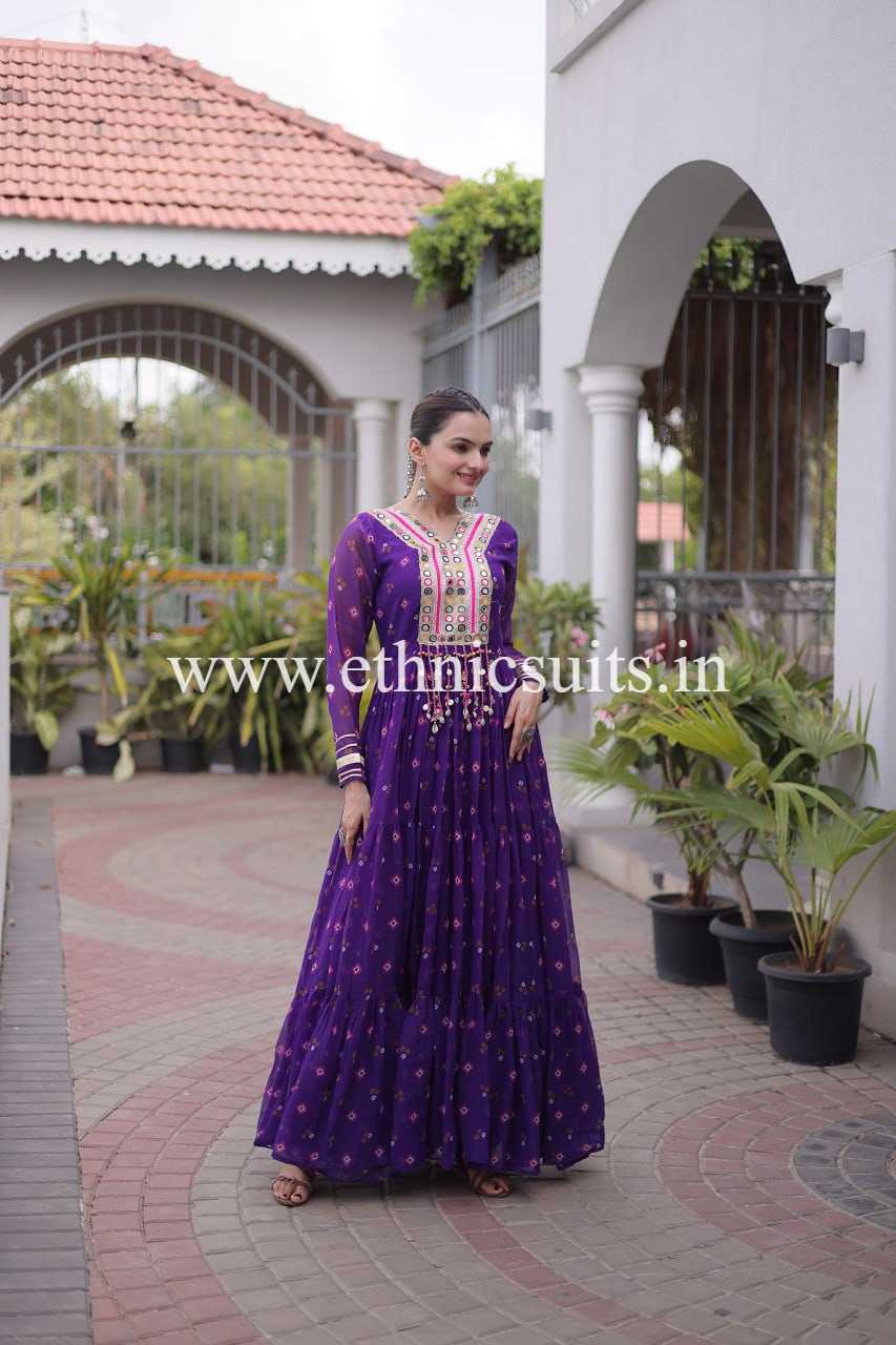 Purple Color Laheriya Printed Kutchi work Gown for Navratri - Image 4